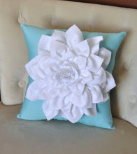 Load image into Gallery viewer, White Dahlia Felt Flower on Blue Pillow - Daisy Manor