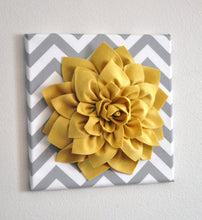 Load image into Gallery viewer, Three Mellow Yellow Dahlia On Gray And White Chevron Canvases - Daisy Manor