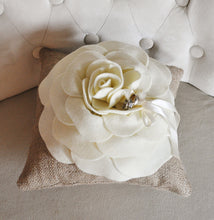 Load image into Gallery viewer, Burlap Ring Pillow -Rustic Wedding- Ivory Rose on Burlap Pillow Rustic Ring Bearer PIllow- - Daisy Manor