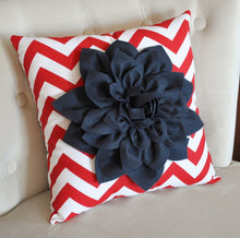Load image into Gallery viewer, Ruby Red Dahlia on Navy Blue and White Zigzag Pillow -Chevron Pillow- Patriotic Decor- Red White and Blue - Daisy Manor