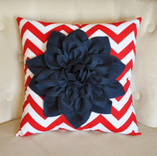 Load image into Gallery viewer, Navy Blue Dahlia on Red and White Zigzag Pillow -Chevron Pillow- Red White and Blue - Daisy Manor