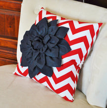 Load image into Gallery viewer, Navy Blue Dahlia on Red and White Zigzag Pillow -Chevron Pillow- Red White and Blue - Daisy Manor