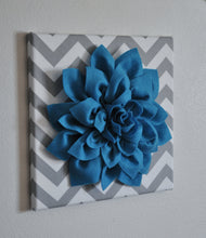 Load image into Gallery viewer, Wall Flower - Dark Turquoise Dahlia on Gray and White Chevron 12 x12" Canvas Wall Art- 3D Felt Flower - Daisy Manor
