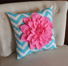 Load image into Gallery viewer, Pink Dahlia on Girly Blue and White Zigzag Pillow -Chevron Pillow- - Daisy Manor