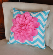Load image into Gallery viewer, Pink Dahlia on Girly Blue and White Zigzag Pillow -Chevron Pillow- - Daisy Manor