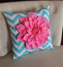 Load image into Gallery viewer, Pink Dahlia on Girly Blue and White Zigzag Pillow -Chevron Pillow- - Daisy Manor