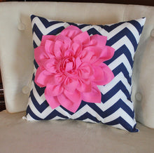 Load image into Gallery viewer, Pink Dahlia on Navy and White Zigzag Pillow - Chevron Pillow - - Daisy Manor