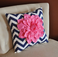 Load image into Gallery viewer, Pink Dahlia on Navy and White Zigzag Pillow - Chevron Pillow - - Daisy Manor