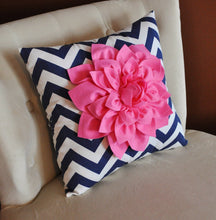 Load image into Gallery viewer, Pink Dahlia on Navy and White Zigzag Pillow - Chevron Pillow - - Daisy Manor