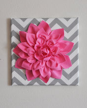 Load image into Gallery viewer, Pink Wall Flower -Bright Pink Dahlia on Gray and White Chevron 12 x12" Canvas Wall Art- Baby Nursery Wall Decor- - Daisy Manor