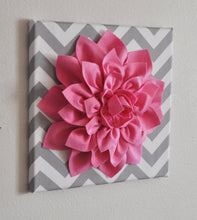 Load image into Gallery viewer, Pink Wall Flower -Bright Pink Dahlia on Gray and White Chevron 12 x12" Canvas Wall Art- Baby Nursery Wall Decor- - Daisy Manor