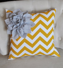 Load image into Gallery viewer, Gray Corner Dahlia on Mustard and White Zigzag Pillow 14 X 14 Chevron Flower - Pillows - Zig Zag Pillows - Daisy Manor