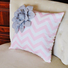 Load image into Gallery viewer, Gray Corner Dahlia on Light Pink and White Zigzag Pillow -Chevron Pillow- - Daisy Manor