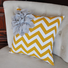 Load image into Gallery viewer, Gray Corner Dahlia on Mustard and White Zigzag Pillow 14 X 14 Chevron Flower - Pillows - Zig Zag Pillows - Daisy Manor