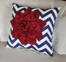 Load image into Gallery viewer, Ruby Red Dahlia on Navy Blue and White Zigzag Pillow -Chevron Pillow- Patriotic Decor- Red White and Blue - Daisy Manor