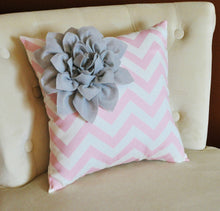 Load image into Gallery viewer, Two Decorative Pillows Gray Corner Dahlia on Light Pink and White Zigzag Pillows - Daisy Manor