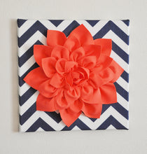 Load image into Gallery viewer, Wall Flower -Coral Dahlia on Navy and White Chevron 12 x12" Canvas Wall Art- 3D Felt Flower - Daisy Manor