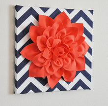 Load image into Gallery viewer, Wall Flower -Coral Dahlia on Navy and White Chevron 12 x12" Canvas Wall Art- 3D Felt Flower - Daisy Manor
