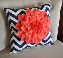 Load image into Gallery viewer, Wall Flower -Coral Dahlia on Navy and White Chevron 12 x12" Canvas Wall Art- 3D Felt Flower - Daisy Manor