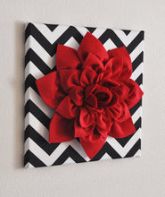 Load image into Gallery viewer, Three Red Wall Flowers -Red Dahlias on Black and White Chevron 12 x12" Canvases Wall Art- Baby Nursery Wall Decor- - Daisy Manor