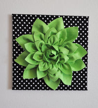 Load image into Gallery viewer, Wall Flower -Chartreuse Green Dahlia on Black and White Polka Dot 12 x12" Canvas Wall Art- 3D Felt Flower - Daisy Manor