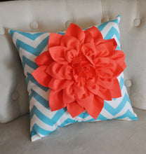 Load image into Gallery viewer, Decorative Pillow Gray Dahlia on Aqua and White Zigzag Pillow -Chevron Pillow- - Daisy Manor