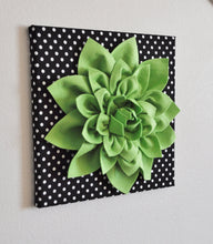 Load image into Gallery viewer, Wall Flower -Chartreuse Green Dahlia on Black and White Polka Dot 12 x12" Canvas Wall Art- 3D Felt Flower - Daisy Manor