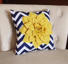 Load image into Gallery viewer, Mellow Yellow Dahlia on Navy and White Zigzag Pillow -Chevron Pillow- - Daisy Manor