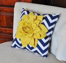 Load image into Gallery viewer, Mellow Yellow Dahlia on Navy and White Zigzag Pillow -Chevron Pillow- - Daisy Manor