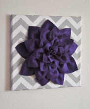 Load image into Gallery viewer, Two Wall Flower -Deep Purple Dahlia on Gray and White Chevron 12 x12" Canvas Wall Art- Baby Nursery Wall Decor- - Daisy Manor