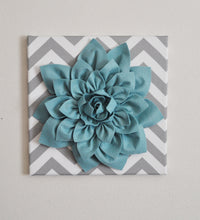 Load image into Gallery viewer, Wall Flower -Dusty Blue Dahlia on Gray and White Chevron 12 x12" Canvas Wall Art- Baby Nursery Wall Decor- - Daisy Manor