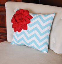 Load image into Gallery viewer, Red Corner Dahlia on Aqua and White Zigzag Pillow -Chevron Pillow- - Daisy Manor