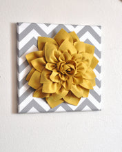 Load image into Gallery viewer, Mellow Yellow Dahlia on Gray and White Chevron 12 x12" Canvas Wall Art- 3D Felt Flower - Daisy Manor