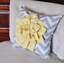 Load image into Gallery viewer, Decorative Pillow- Light Yellow Dahlia on Gray and White Zigzag Pillow -Chevron Pillow- - Daisy Manor