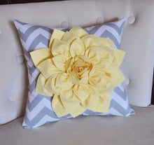 Load image into Gallery viewer, Decorative Pillow- Light Yellow Dahlia on Gray and White Zigzag Pillow -Chevron Pillow- - Daisy Manor