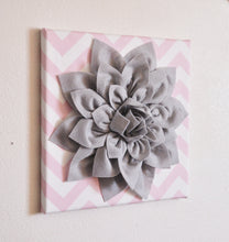 Load image into Gallery viewer, Two Flower Wall Decor -Gray Dahlias on Light Pink and White Chevron 12 x12" Canvases Wall Art- Baby Nursery Wall Decor- - Daisy Manor