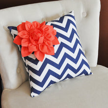 Load image into Gallery viewer, Coral Flower on Navy and White Polka Dot Pillow 14 X 14 - Chevron Flower Pillow - Zig Zag Pillows -Corner Dahlia Pillow - Daisy Manor