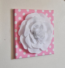Load image into Gallery viewer, Nursery Wall Decor -White Rose on Pink with White Polka Dot 12 x12" Canvas Wall Art- Flower Wall Art - Daisy Manor