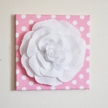 Load image into Gallery viewer, Nursery Wall Decor -White Rose on Pink with White Polka Dot 12 x12" Canvas Wall Art- Flower Wall Art - Daisy Manor