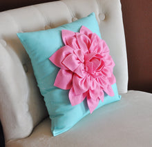 Load image into Gallery viewer, Throw Pillow Pink Rose on Bright Aqua Pillow 16 x 16 - Daisy Manor