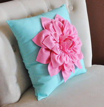 Load image into Gallery viewer, Pink Dahlia on Bright Aqua Pillow 14 x 14 - Daisy Manor