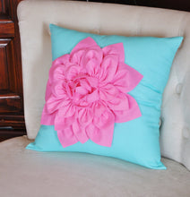 Load image into Gallery viewer, Pink Dahlia on Bright Aqua Pillow 14 x 14 - Daisy Manor