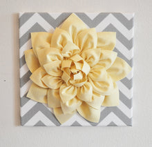 Load image into Gallery viewer, Wall Flower -Light Yellow Dahlia on Gray and White Chevron 12 x12" Canvas Wall Art- 3D Felt Flower - Daisy Manor