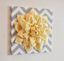 Load image into Gallery viewer, Two Wall Flowers -Light Yellow Dahlia on Gray and White Chevron 12 x12" Canvas Wall Art- 3D Felt Flower - Daisy Manor