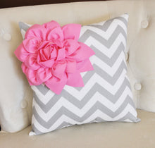 Load image into Gallery viewer, Pink Corner Dahlia on Gray and White Zigzag Pillow 14 X 14 -Chevron Flower Pillow- Zig Zag Pillows - Daisy Manor