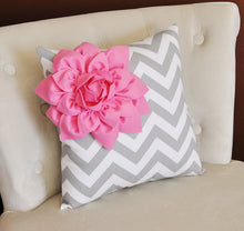 Load image into Gallery viewer, Pink Corner Dahlia on Gray and White Zigzag Pillow 14 X 14 -Chevron Flower Pillow- Zig Zag Pillows - Daisy Manor