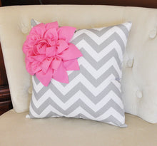 Load image into Gallery viewer, Pink Corner Dahlia on Gray and White Zigzag Pillow 14 X 14 -Chevron Flower Pillow- Zig Zag Pillows - Daisy Manor