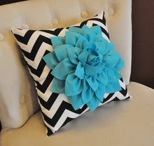 Load image into Gallery viewer, Light Turquoise Dahlia on Black and White Zigzag Pillow -Chevron Pillow- - Daisy Manor