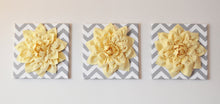 Load image into Gallery viewer, Wall Art -Set Of Three Light Yellow Dahlia on Gray and White Chevron 12 x12" Canvas Wall Art- 3D Felt Flower - Daisy Manor