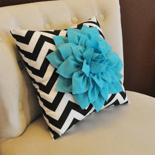 Load image into Gallery viewer, Hot Pink Dahlia on Black and White Zigzag Pillow -Chevron Pillow- - Daisy Manor